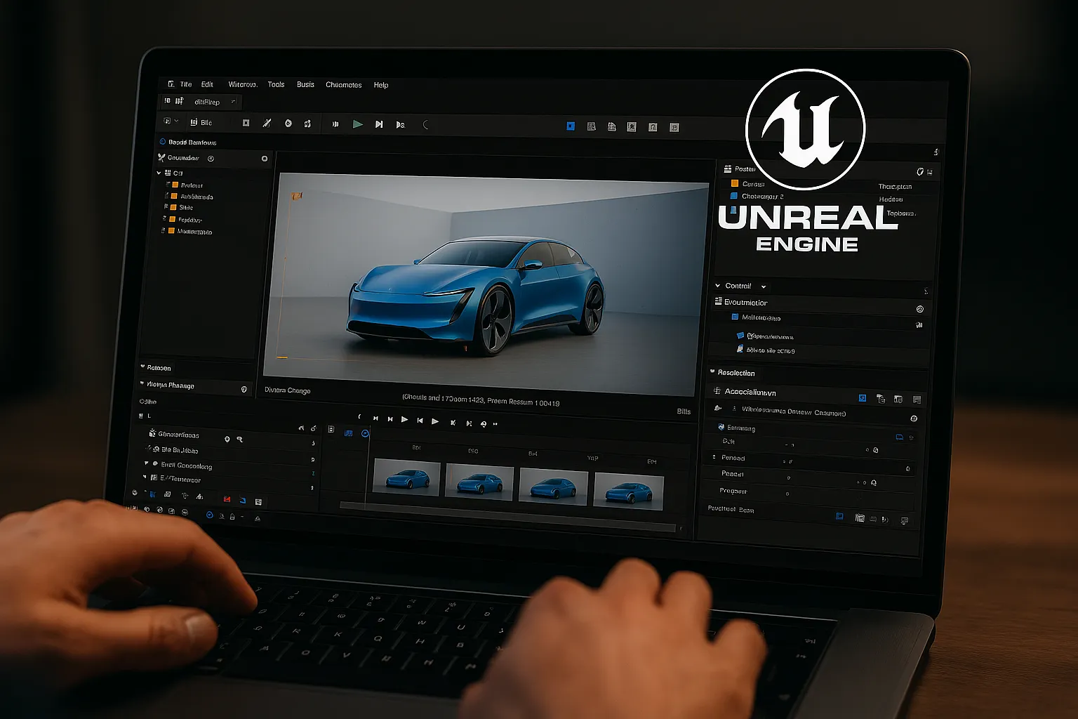 Mains sur le clavier d’un ordinateur portable affichant une scène de rendu temps réel, une voiture bleue dans un studio virtuel.